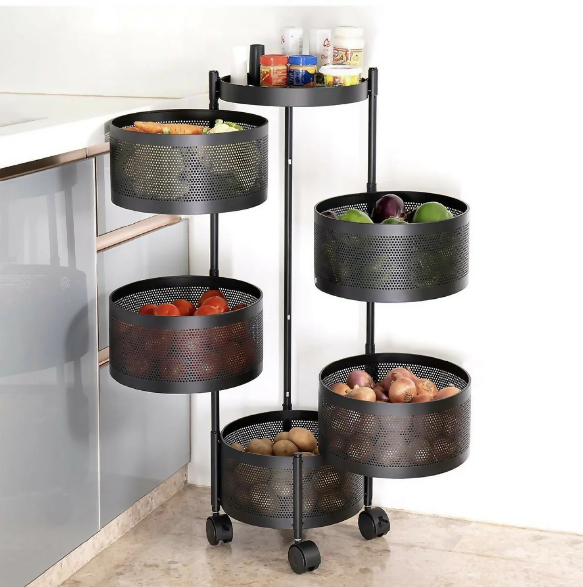 Compact Round 5-Basket Kitchen Trolley with Ventilated Mesh & 360° Swivel Wheels - Image 2