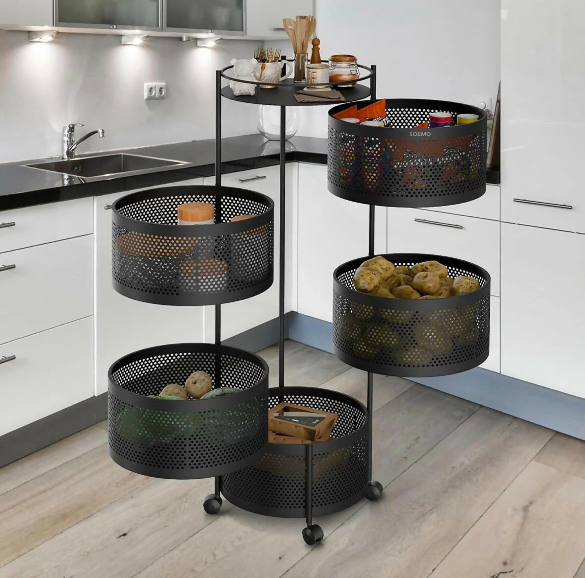 Compact Round 5-Basket Kitchen Trolley with Ventilated Mesh & 360° Swivel Wheels - Image 3