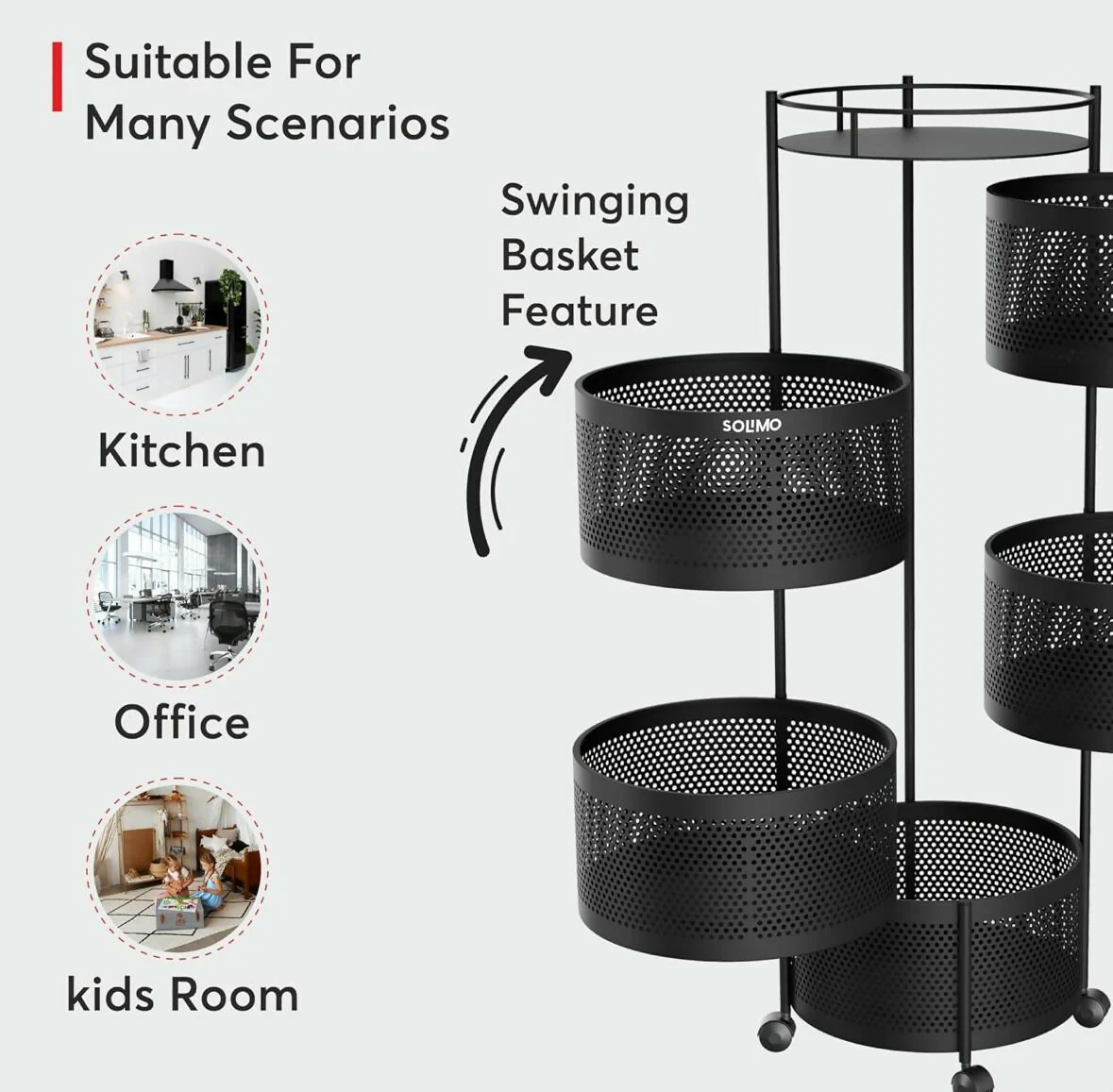 Compact Round 5-Basket Kitchen Trolley with Ventilated Mesh & 360° Swivel Wheels - Image 4