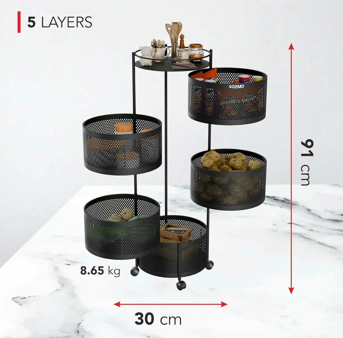 Compact Round 5-Basket Kitchen Trolley with Ventilated Mesh & 360° Swivel Wheels - Image 5