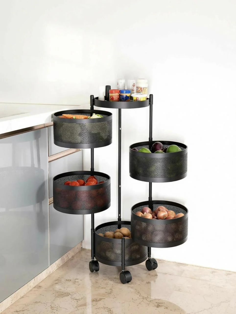 Compact Round 5-Basket Kitchen Trolley with Ventilated Mesh & 360° Swivel Wheels - Image 7
