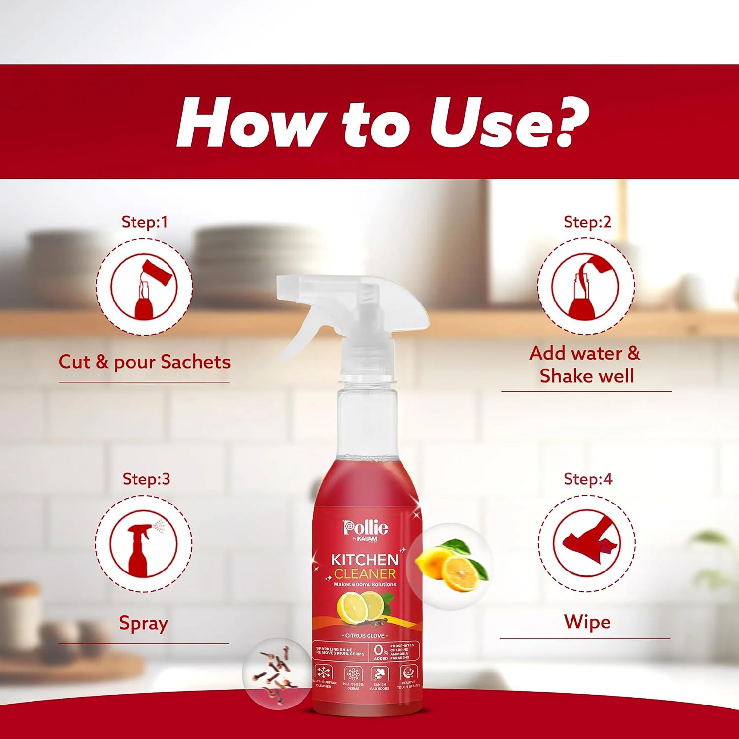 Pollic kadam Concentrated Kitchen Surface Cleaner Refill Kit with Spray Bottle - Image 6