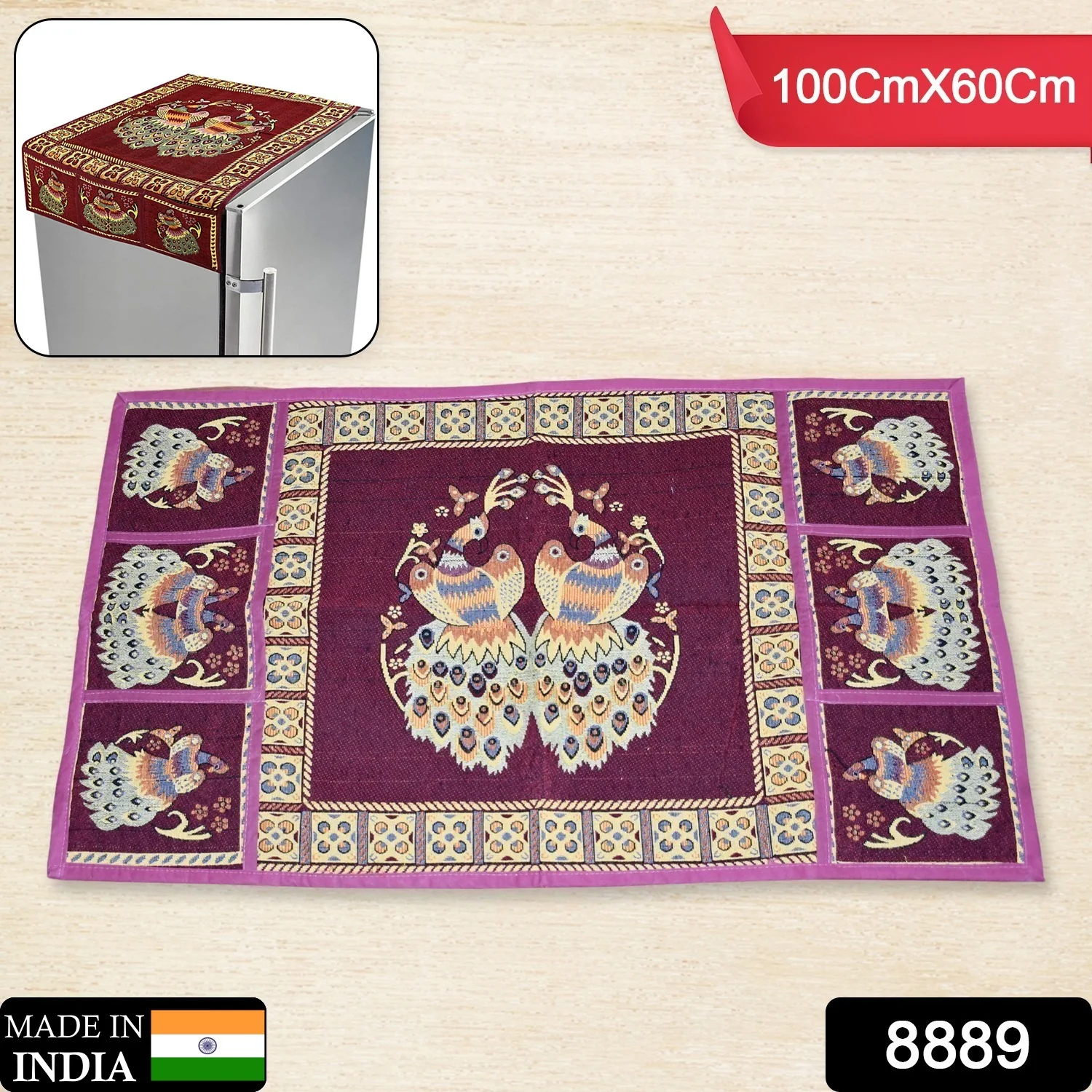 Cotton Fridge Top Cover with Side Pockets for Home Decor (100×60 CM) - Image 2