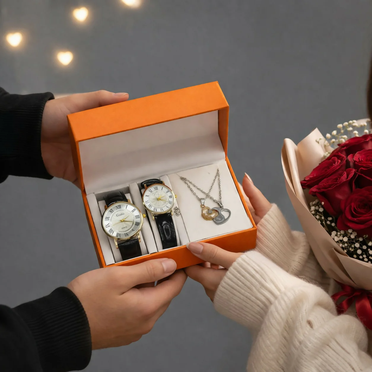 Couple Watch Set with Necklace Gift Box Luxury Combo