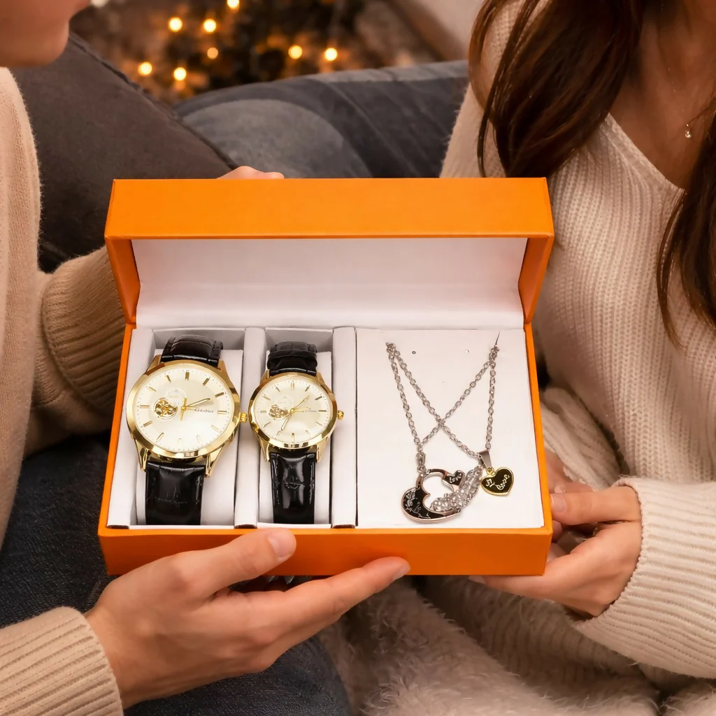 Couple Watch Set with Necklace Gift Box Luxury Combo - Image 2