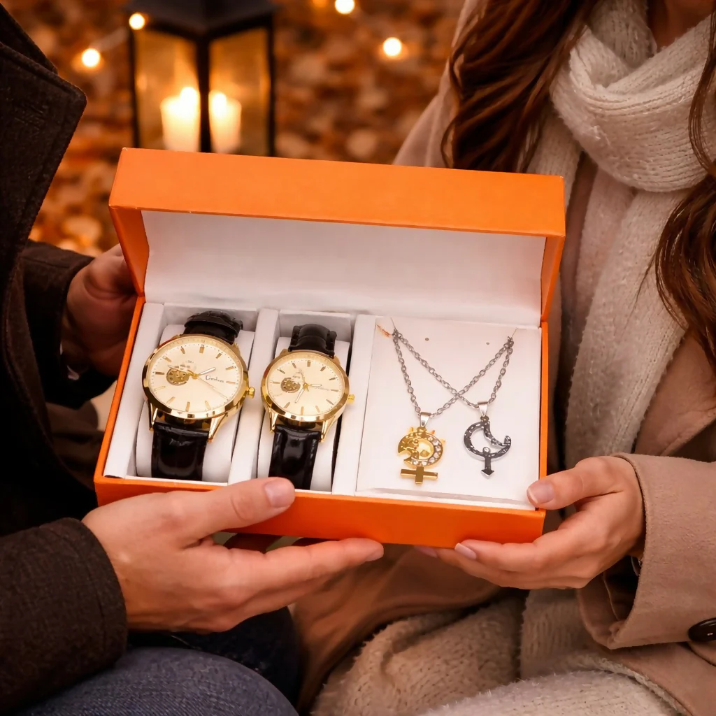 Couple Watch Set with Necklace Gift Box Luxury Combo - Image 4