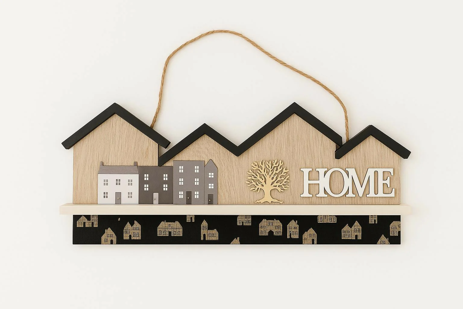 Wooden Home Wall Hanging keystand Decor with Miniature House Design and Rope Handle – Decorative Shelf Art with 3D Tree and 'HOME' Letters, Ideal for Living Room, Entryway, or Farmhouse Style Interiors - Image 2