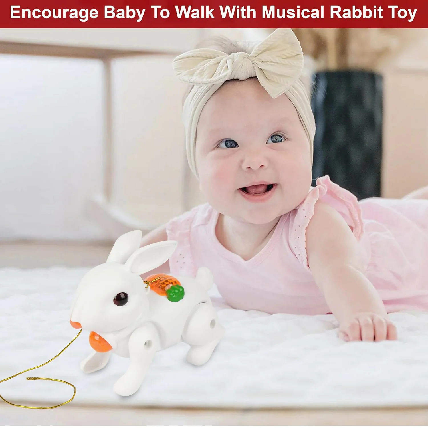 Crawling Rabbit Musical Toy with Light & Sound Pull Along Walking Toy Battery Operated - Image 4
