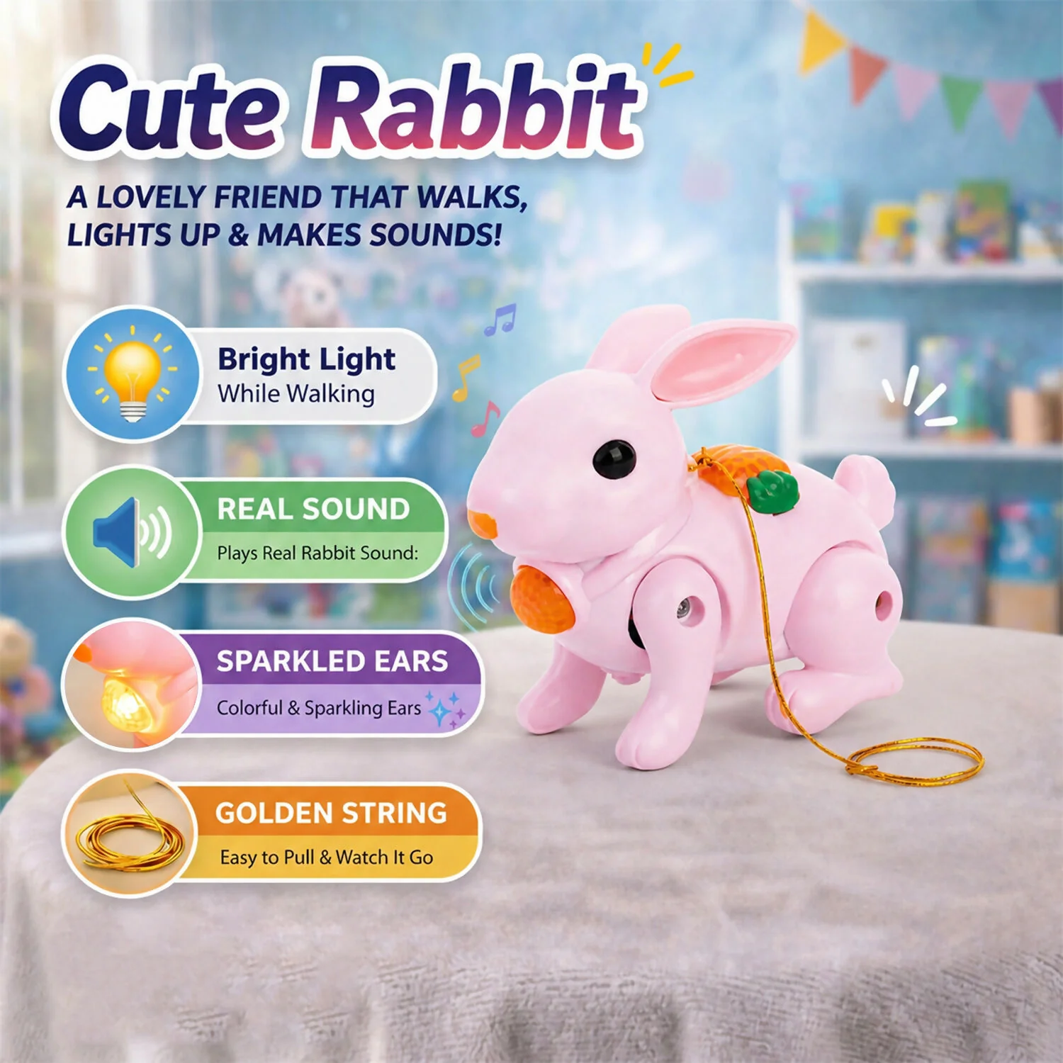 Crawling Rabbit Musical Toy with Light & Sound Pull Along Walking Toy Battery Operated - Image 9