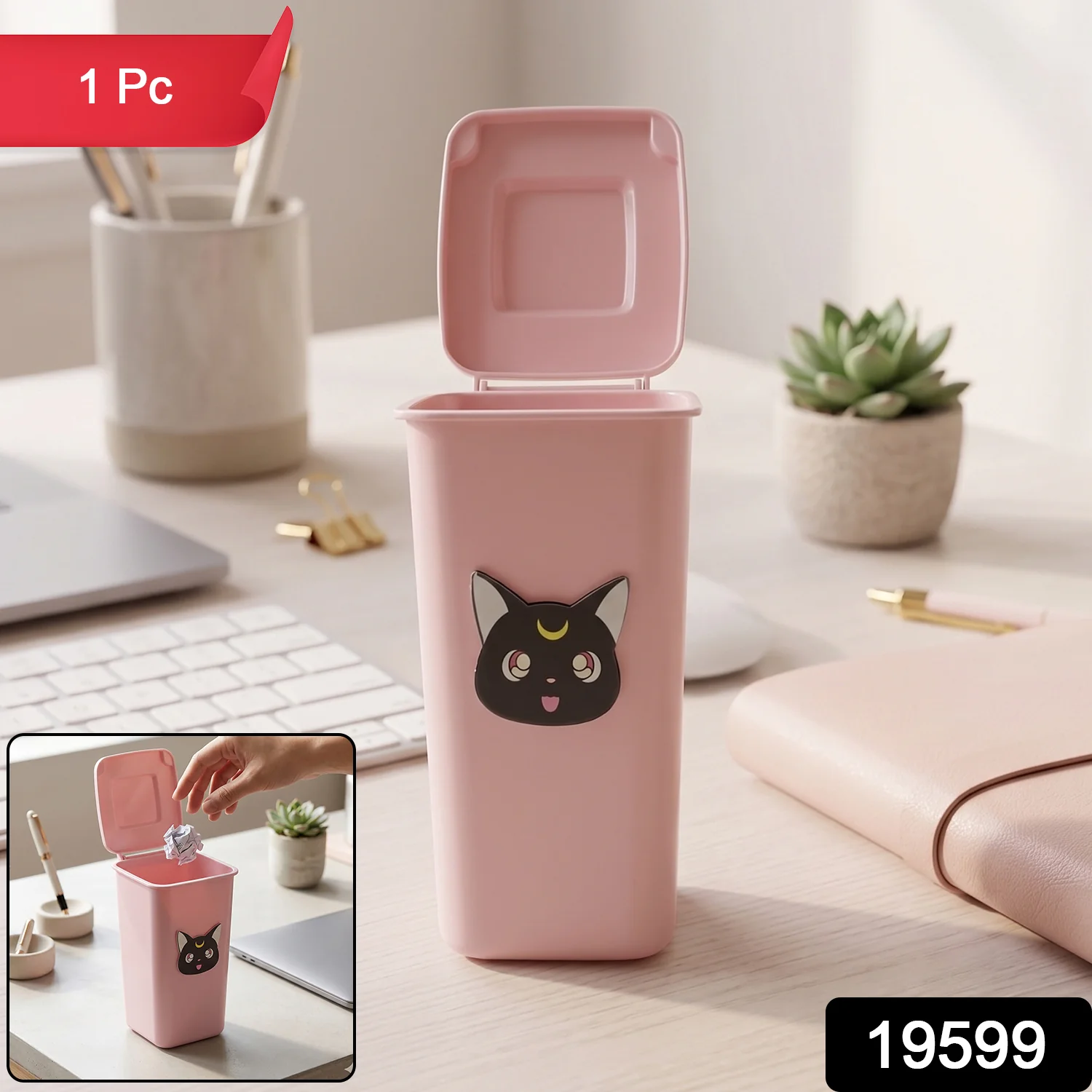Creative Mini Trash Can Shape Pen Stand with Lid (1 Pc) - Image 2