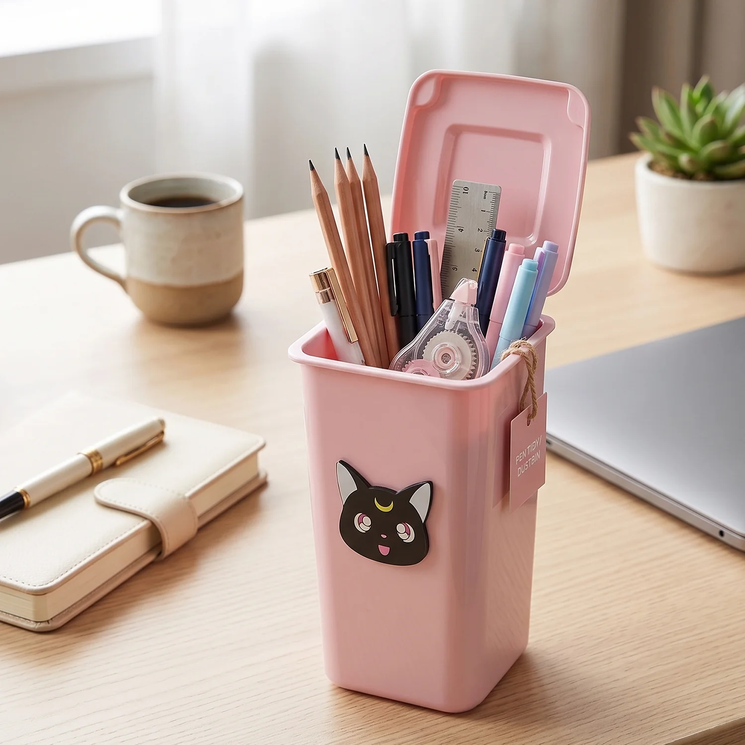 Creative Mini Trash Can Shape Pen Stand with Lid (1 Pc) - Image 3