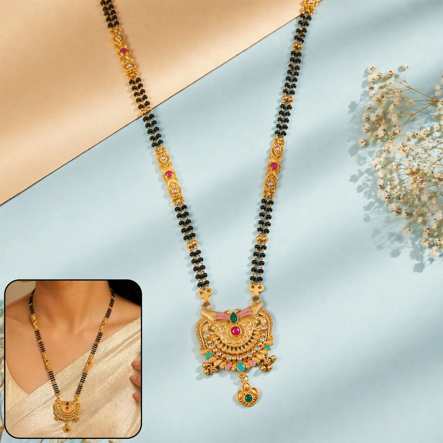 Crescent Wing Filigree Pendant with Pink Enamel Wings & Heart Locket Long Double Strand Mangalsutra - Image 2