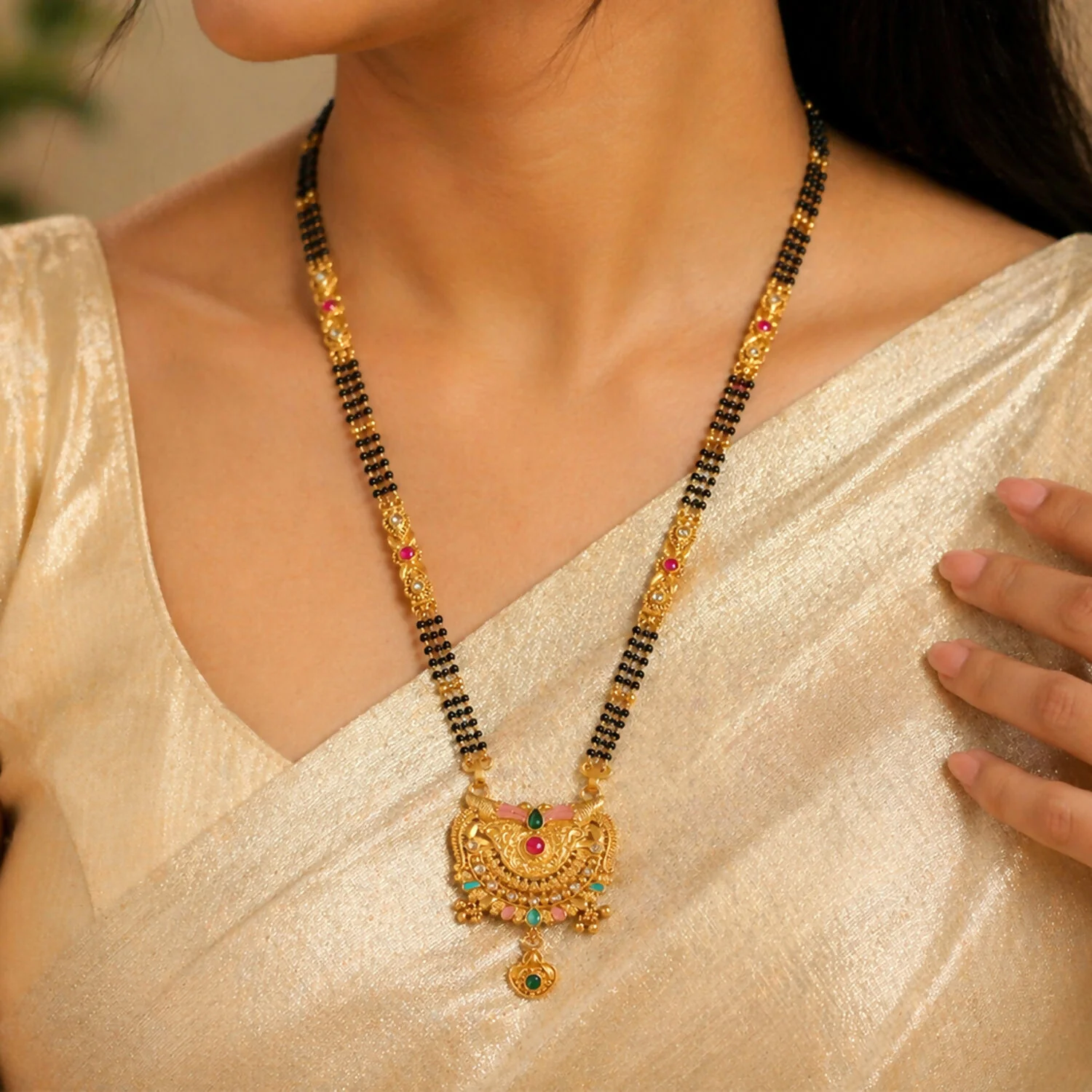 Crescent Wing Filigree Pendant with Pink Enamel Wings & Heart Locket Long Double Strand Mangalsutra - Image 3