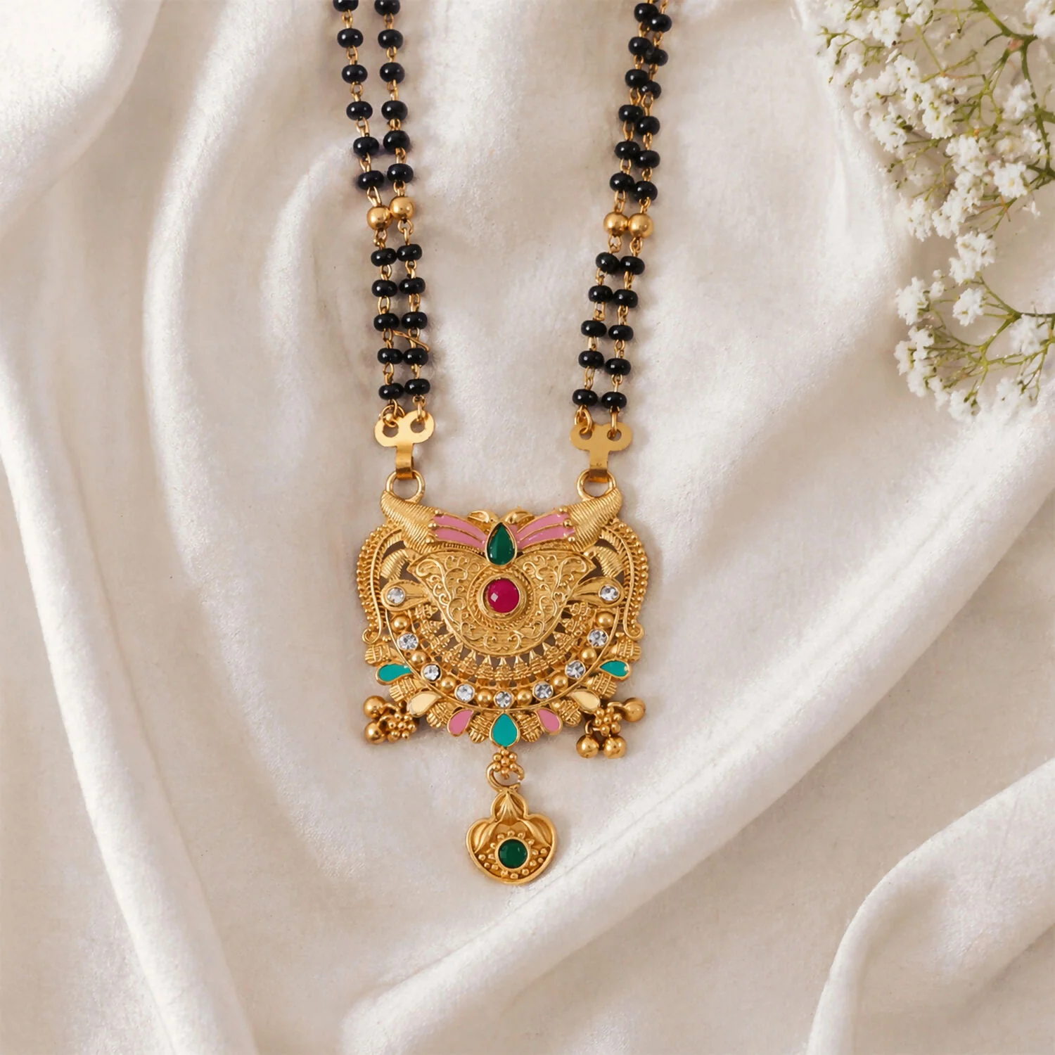 Crescent Wing Filigree Pendant with Pink Enamel Wings & Heart Locket Long Double Strand Mangalsutra - Image 4