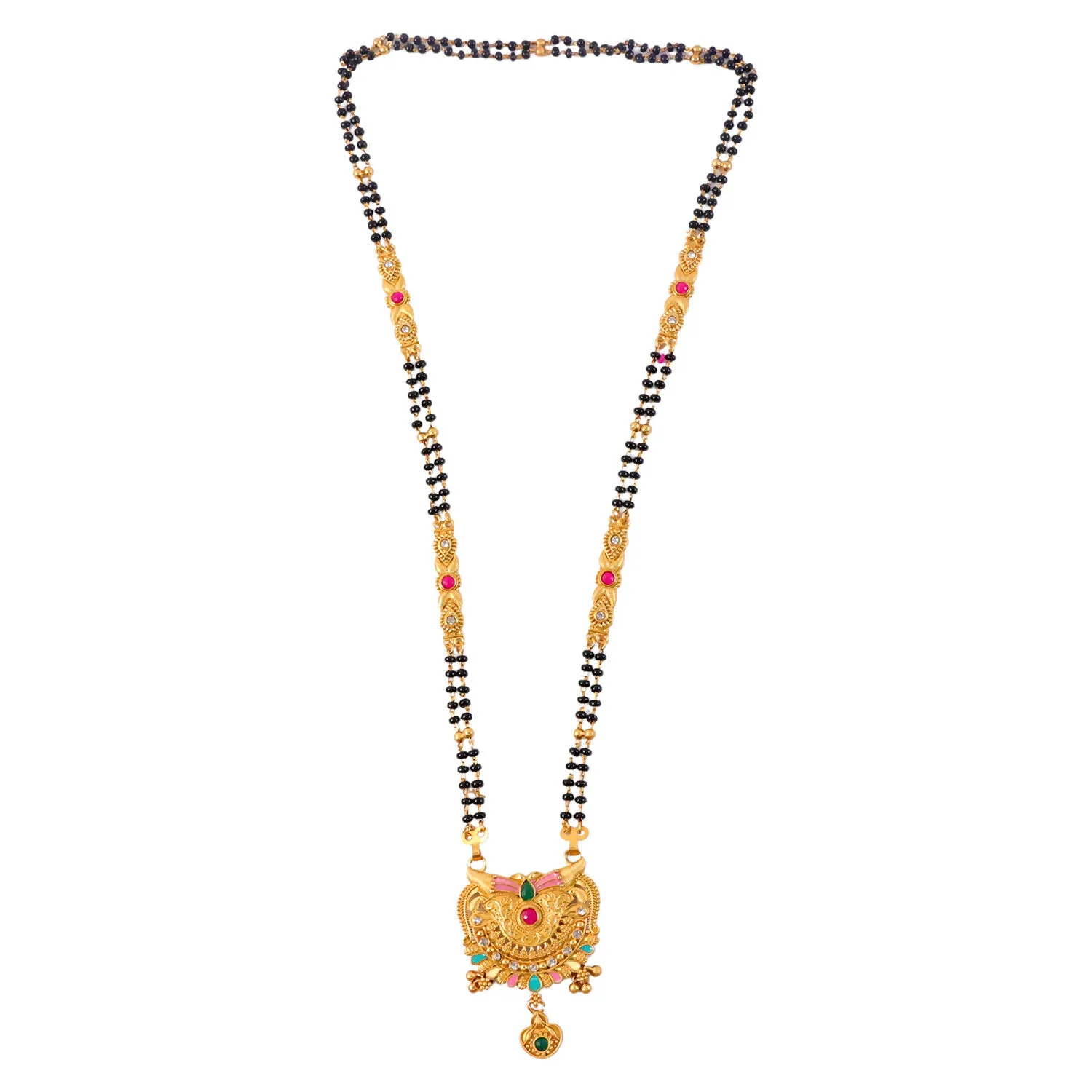 Crescent Wing Filigree Pendant with Pink Enamel Wings & Heart Locket Long Double Strand Mangalsutra - Image 5