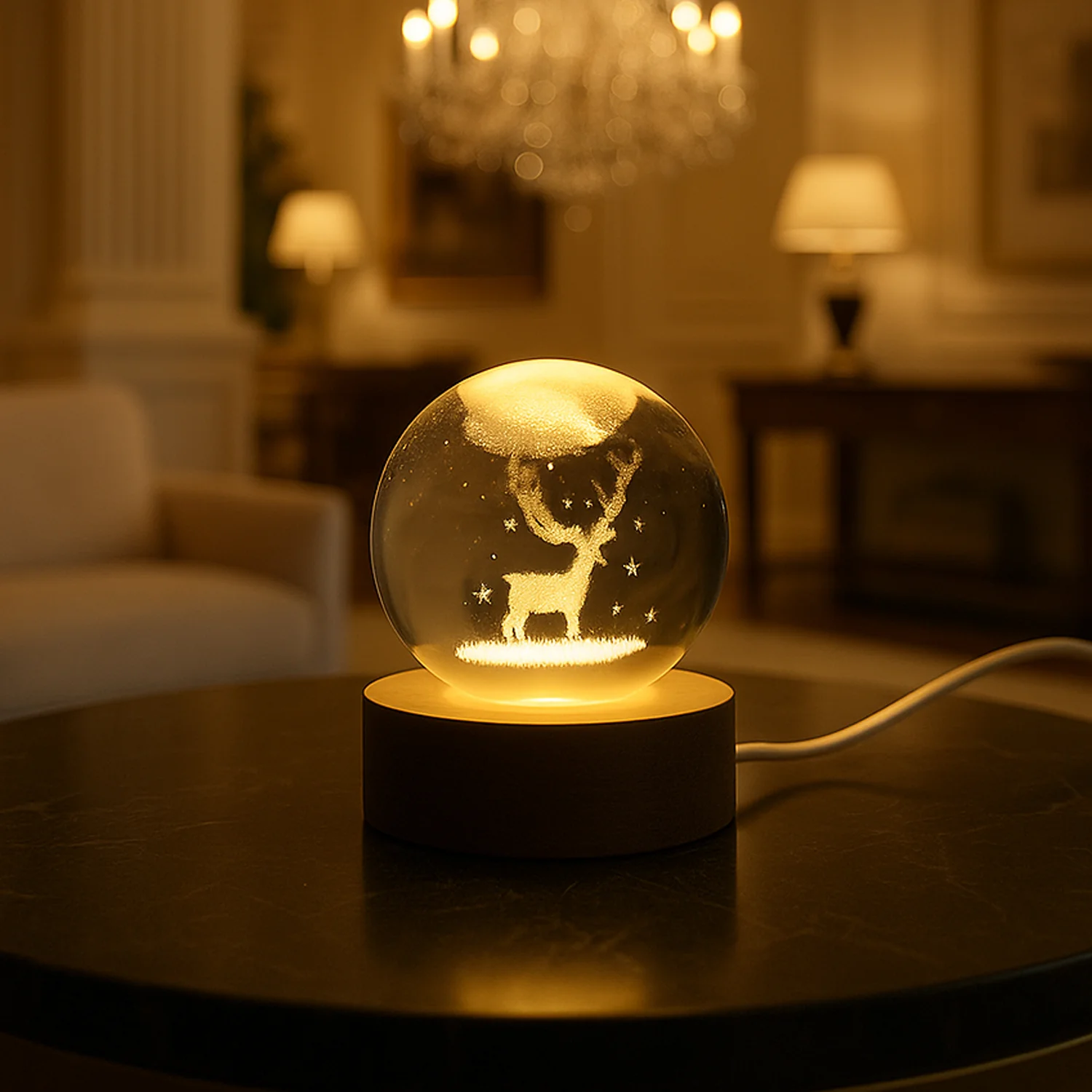 Crystal Ball Night Light Glass Ball Night Lamp with Wood Base - Image 3