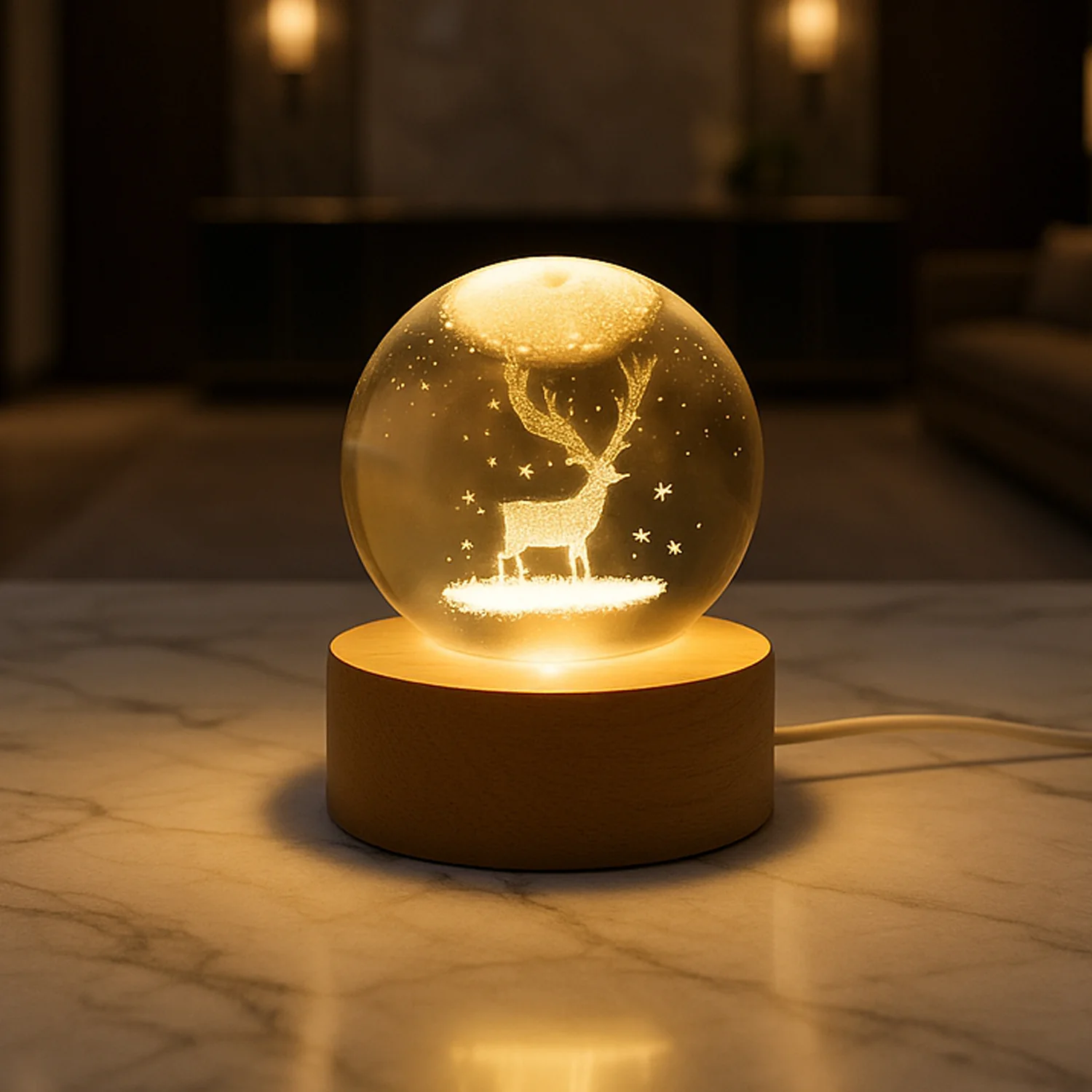 Crystal Ball Night Light Glass Ball Night Lamp with Wood Base - Image 9
