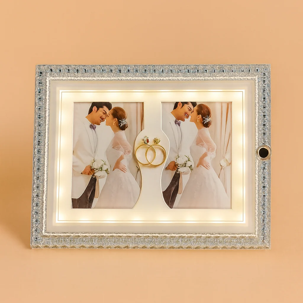 Crystal LED Wedding Photo Frame with Dual Photo Slots & Golden Ring Accent | Luxury Sparkling Diamond-Cut Border | Light-Up Decorative Frame for Couples, Anniversary, Wedding & Romantic Gifts - Image 2