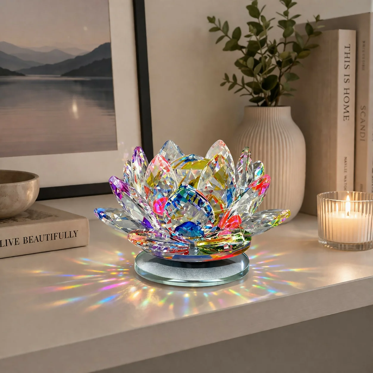 Crystal Lotus Decorative Showpiece with Multicolor Light Reflection - Image 3
