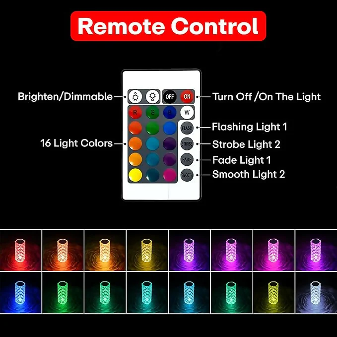 Crystal Diamond Table Lamp with Remote Control – Rechargeable Touch LED Night Light for Bedroom, Living Room & Romantic Decor – Multicolor Ambient Lighting for Parties, Gifts, and Home Interior Accents - Image 5
