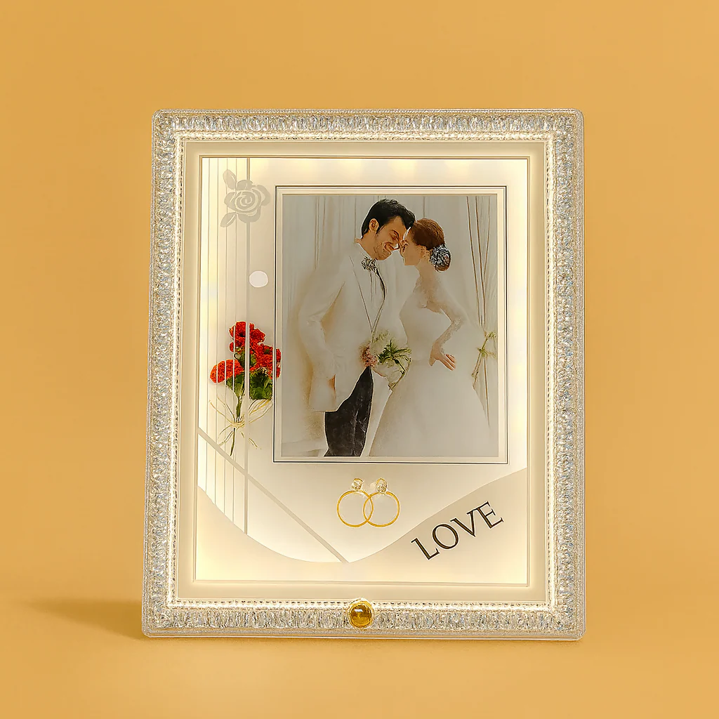 Crystal White LED Wedding Photo Frame | Elegant Square Illuminated Picture Frame with Decorative Floral Design & Rings | 4x6 Inch Couple Photo Frame | Romantic Gift for Wedding, Anniversary, Valentine’s Day & Home Décor - Image 2