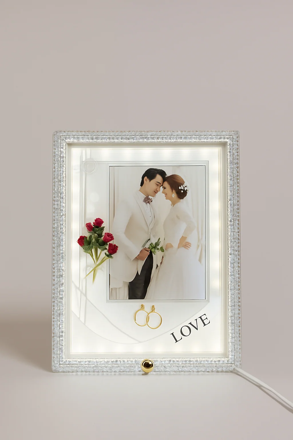 Crystal White LED Wedding Photo Frame | Elegant Square Illuminated Picture Frame with Decorative Floral Design & Rings | 4x6 Inch Couple Photo Frame | Romantic Gift for Wedding, Anniversary, Valentine’s Day & Home Décor - Image 2