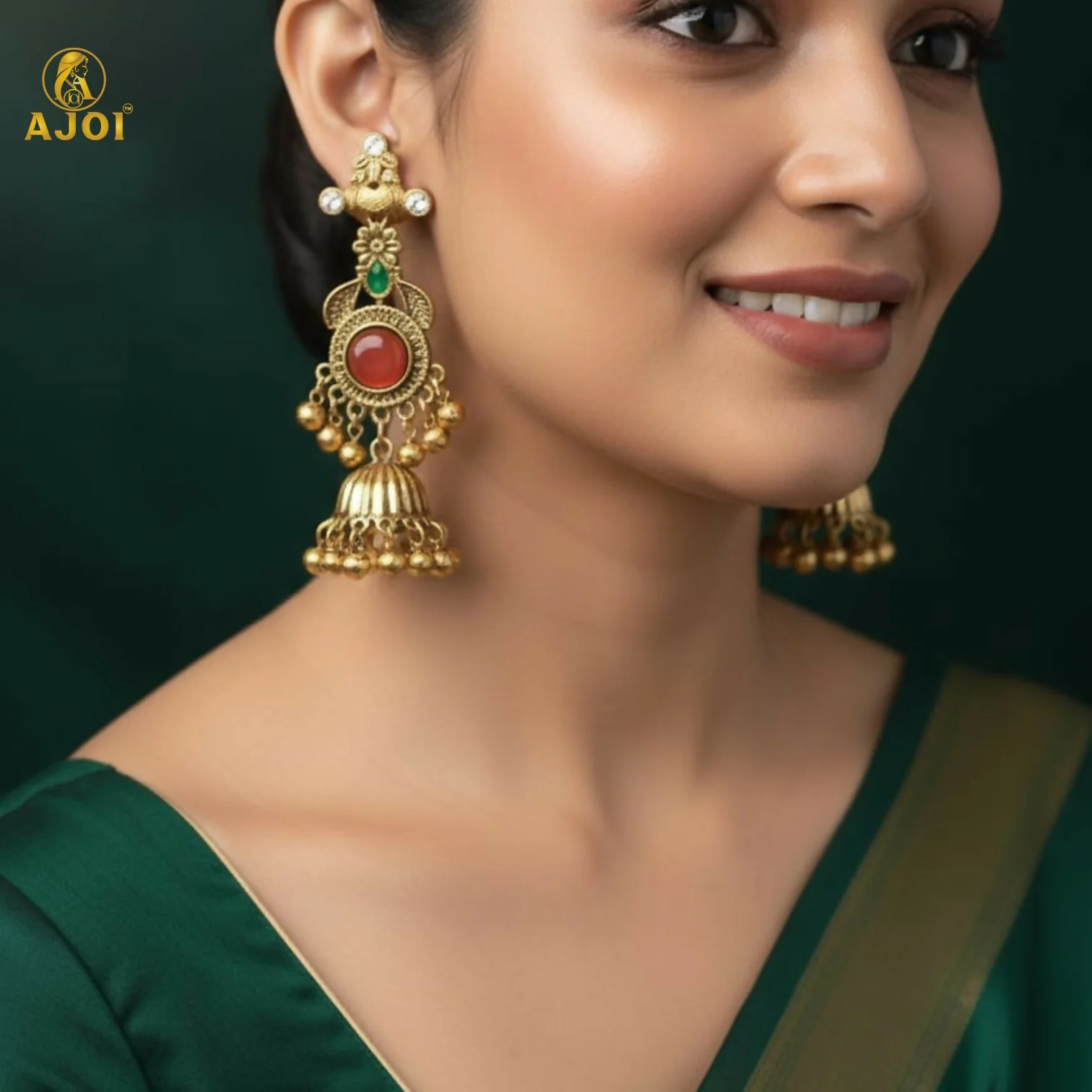Cultural Heritage Long Jhumka Earrings with Red & Green Highlights - Image 2