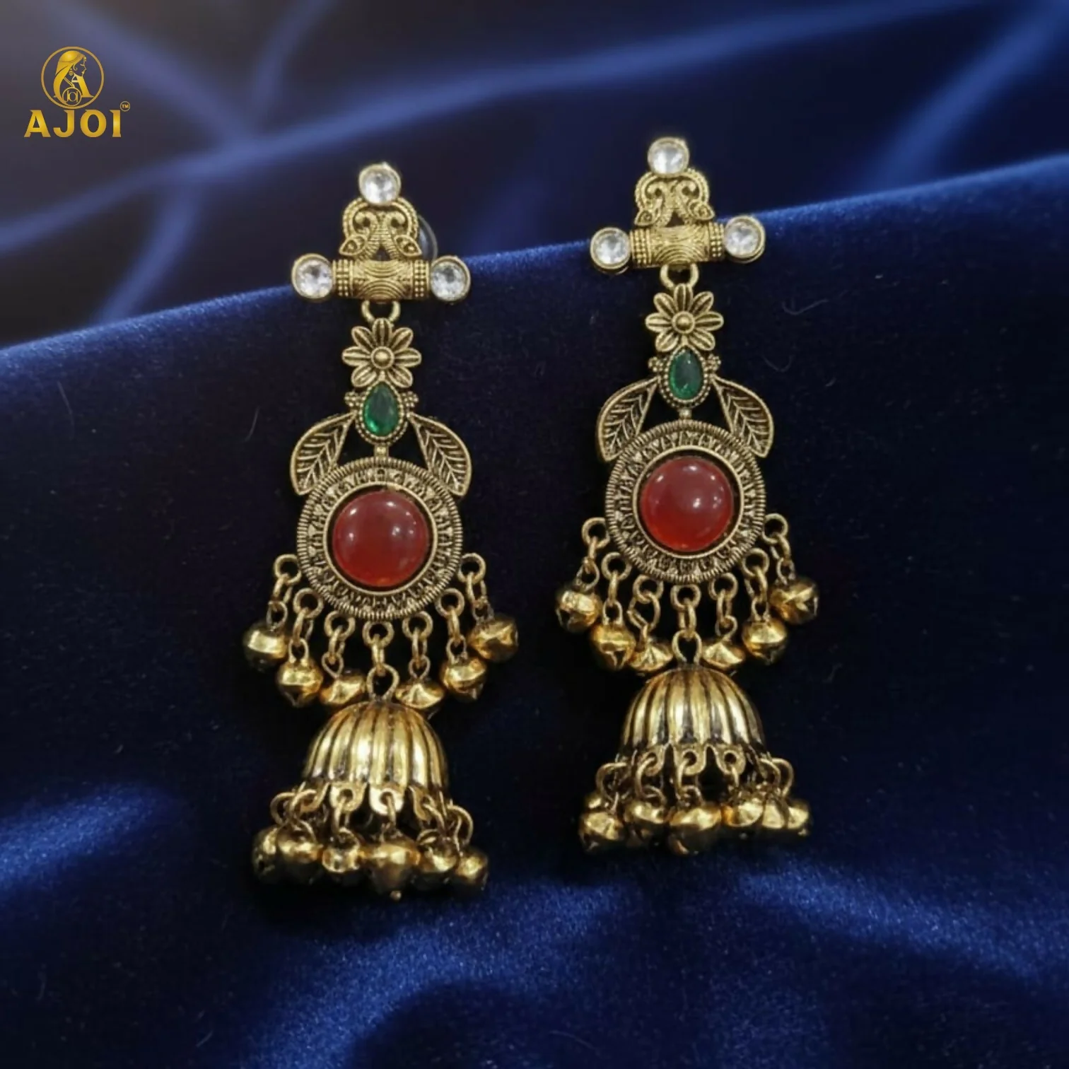 Cultural Heritage Long Jhumka Earrings with Red & Green Highlights - Image 3