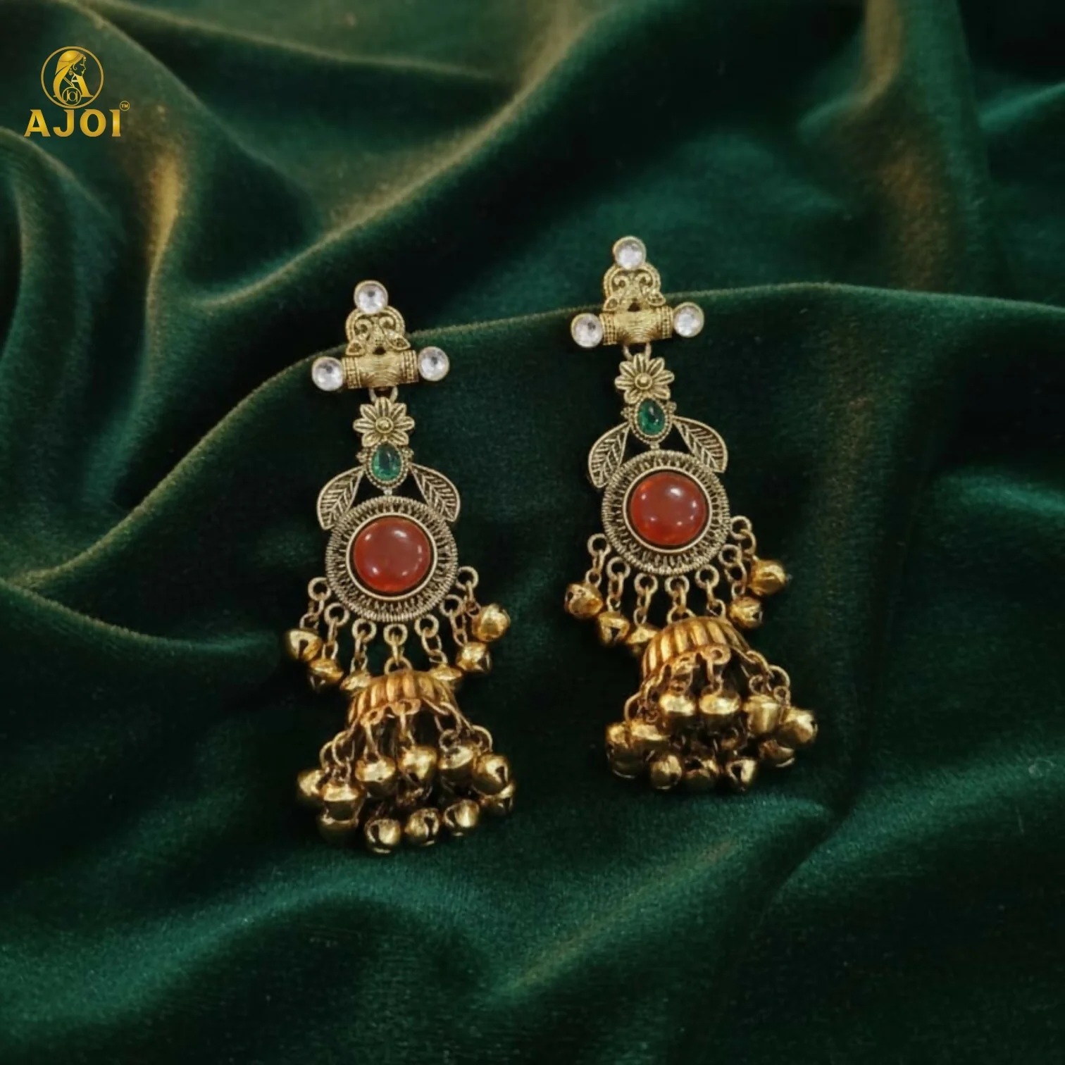 Cultural Heritage Long Jhumka Earrings with Red & Green Highlights - Image 4