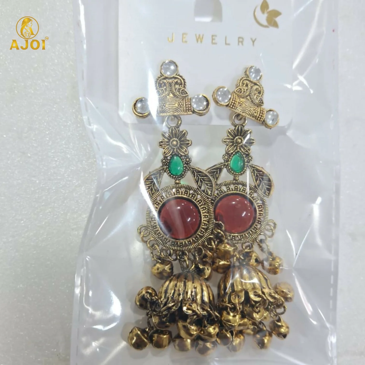 Cultural Heritage Long Jhumka Earrings with Red & Green Highlights - Image 5