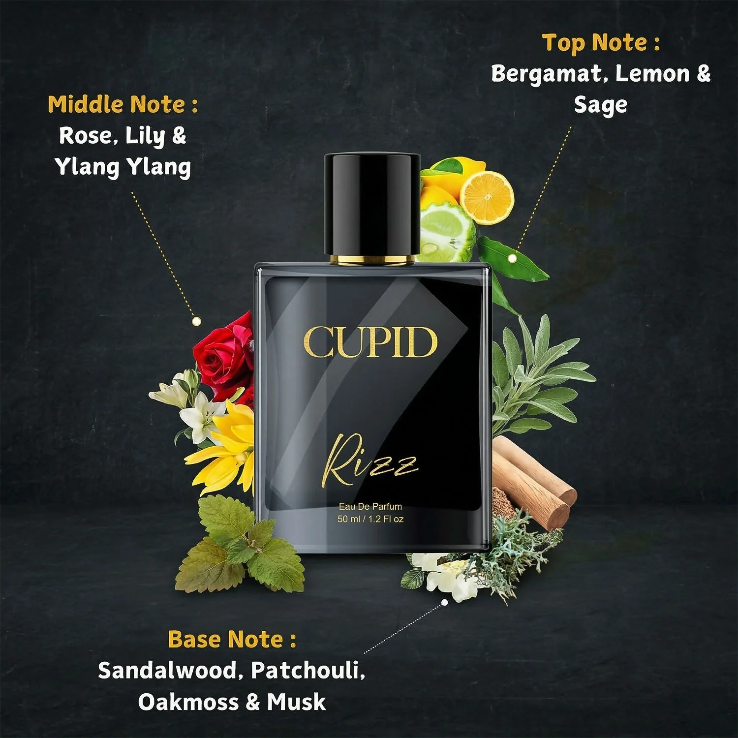 Cupid Luxury Men Rizz Perfume|Long Lasting Fresh Citrusy & Woody Edp Fragrance Scent Liquid Perfume (50 Ml) - Image 3