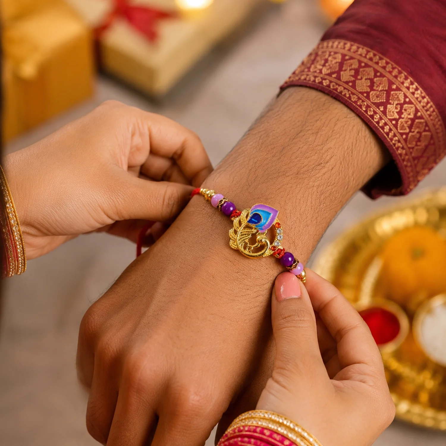 Curved Peacock Purple Blue Designer Rakhi - Image 2