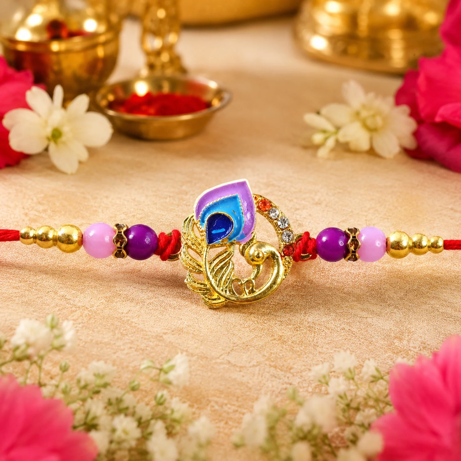 Curved Peacock Purple Blue Designer Rakhi - Image 3