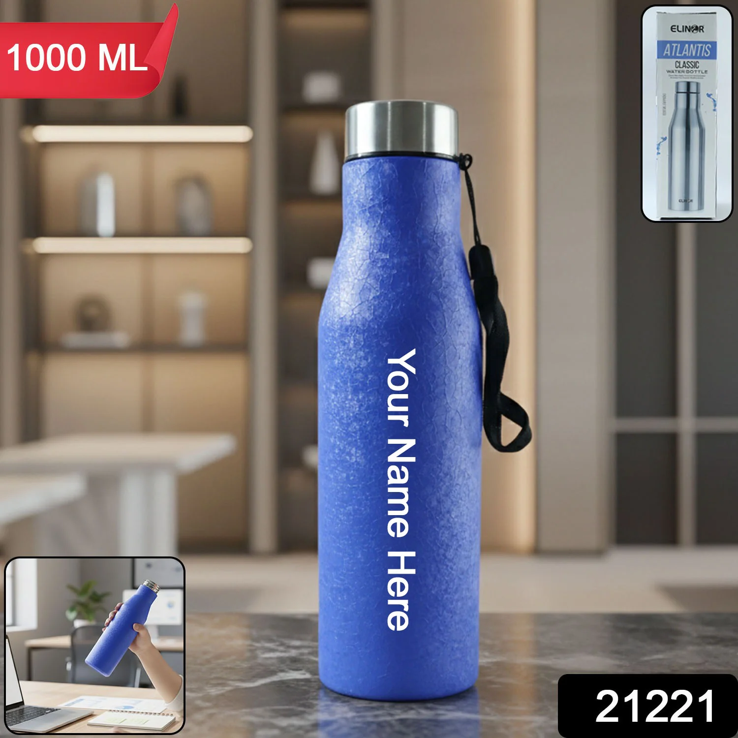 Custom Classic Stainless Steel Water Bottle Blue Color (1000 ML, 1 Piece) - Image 2