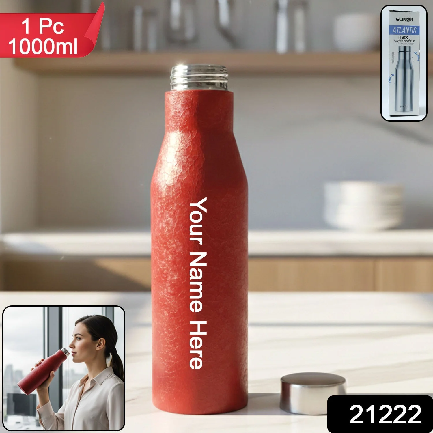 Custom Stainless Steel Water Bottle Red Color (1000 ml, 1 Pc) - Image 2