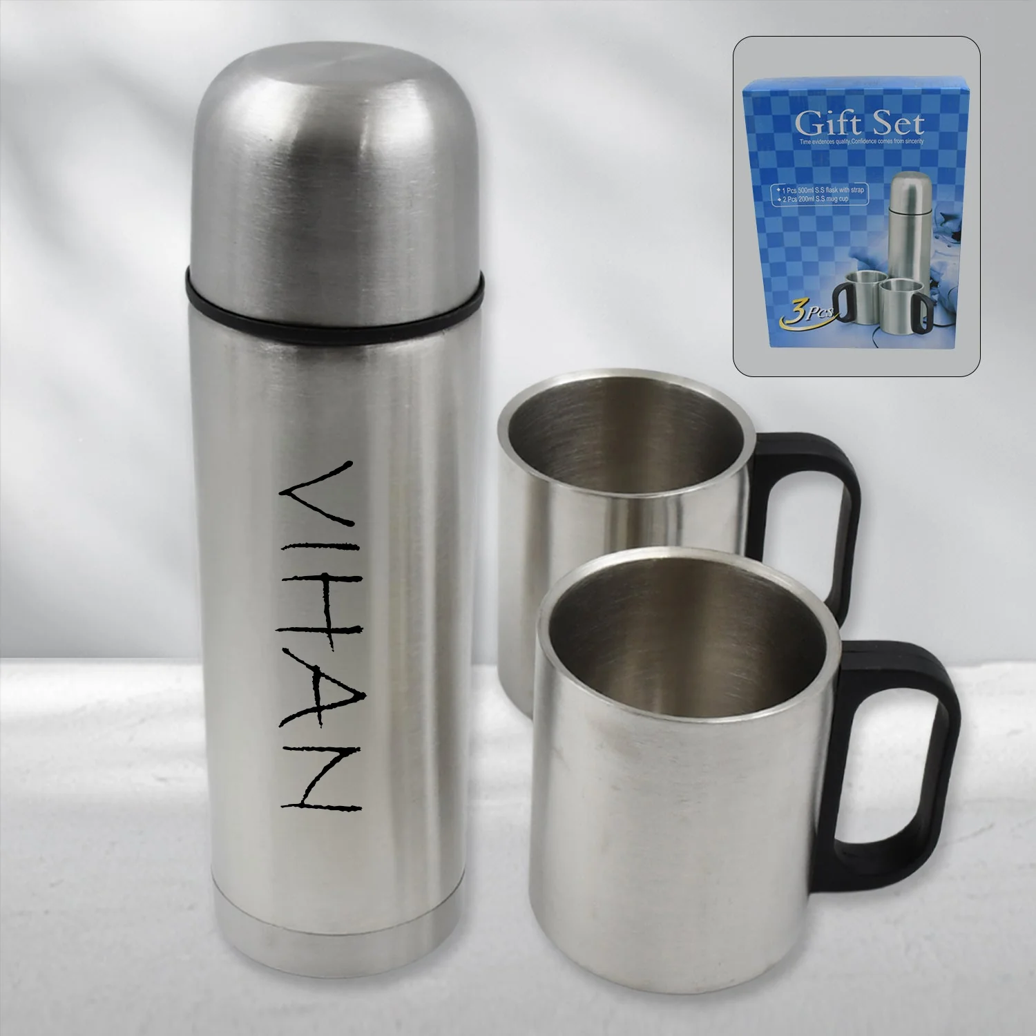 Customize Double Wall Stainless Steel Thermos Flask 500ml Vacuum Insulated Gift Set with Two Cups Hot & Cold, Stainless Steel, Diwali Gifts for Employees, Corporate Gift Item (3 Pcs Set) - Image 2