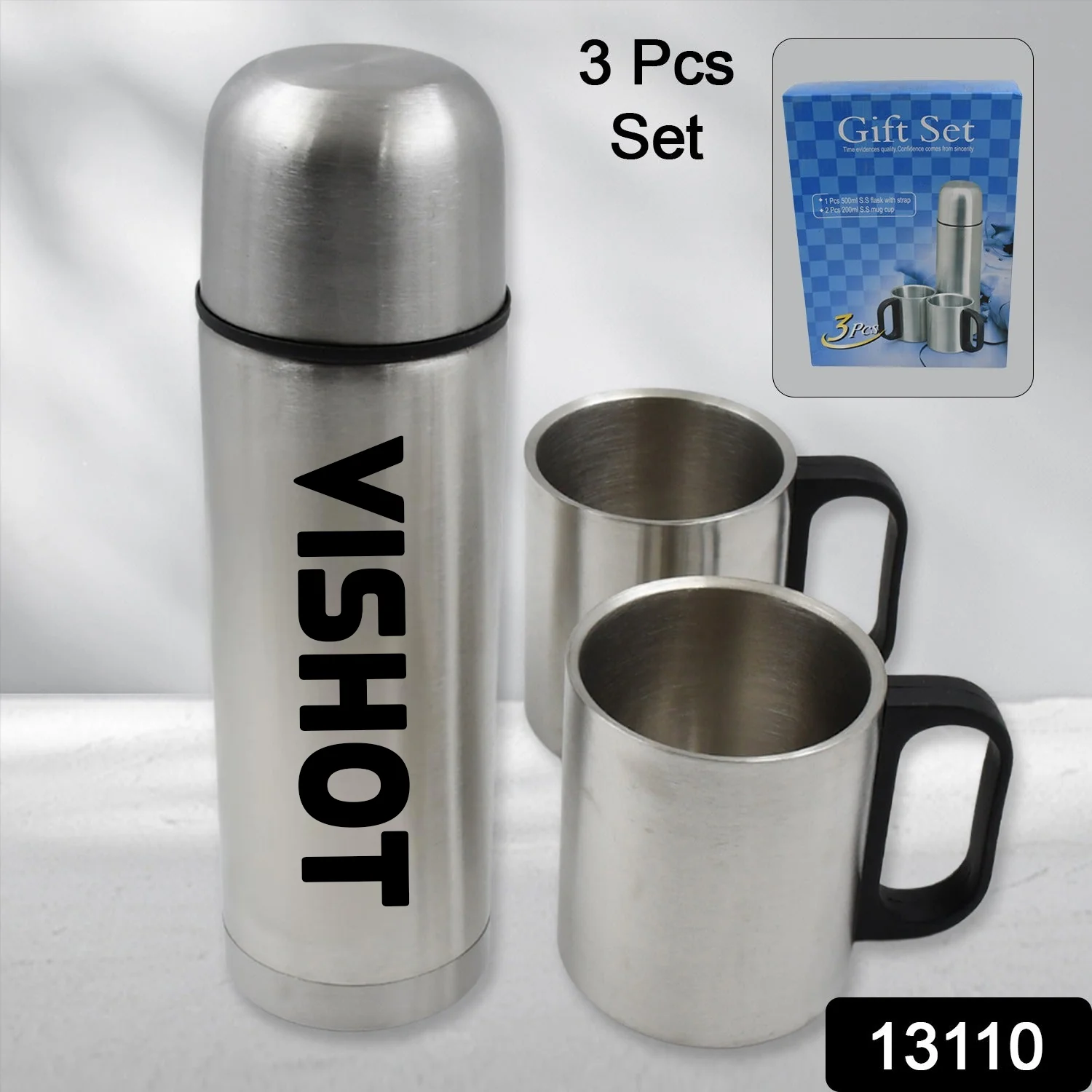 Customize Double Wall Stainless Steel Thermos Flask 500ml Vacuum Insulated Gift Set with Two Cups Hot & Cold, Stainless Steel, Diwali Gifts for Employees, Corporate Gift Item (3 Pcs Set) - Image 6