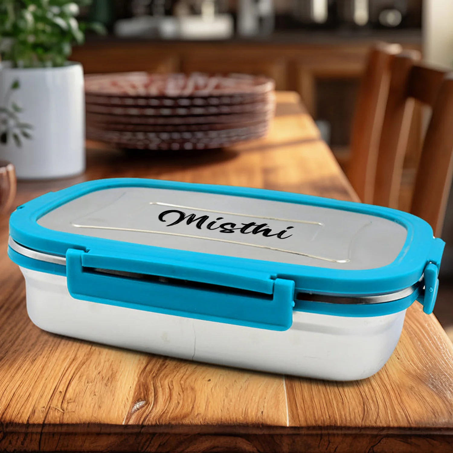 Customized Stainless Steel Lunch Box with 2 Compartments & Spoon - Image 4