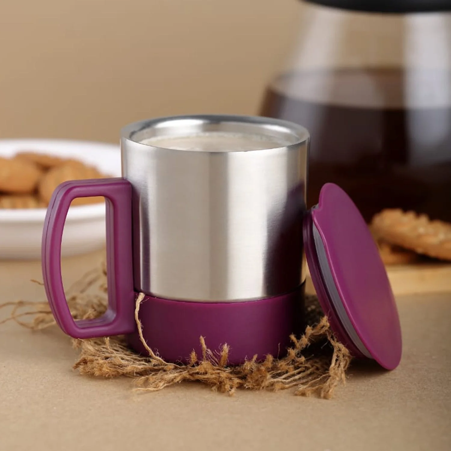 Customize Stainless Steel Coffee/Tea Cup, Stainless Steel Lid Cover Hot Coffee/Tea Mug Hot Insulated Double Wall Stainless Steel, Coffee and Milk Cup with Lid & Handle Easy To Carry - Coffee Cup (1 Pc) - Image 2
