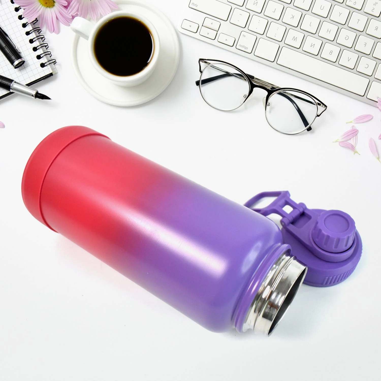 Customize Two Tone Pink Stainless Steel Water Bottle Leakproof Easy Pour Cap (1000ml) - Image 6