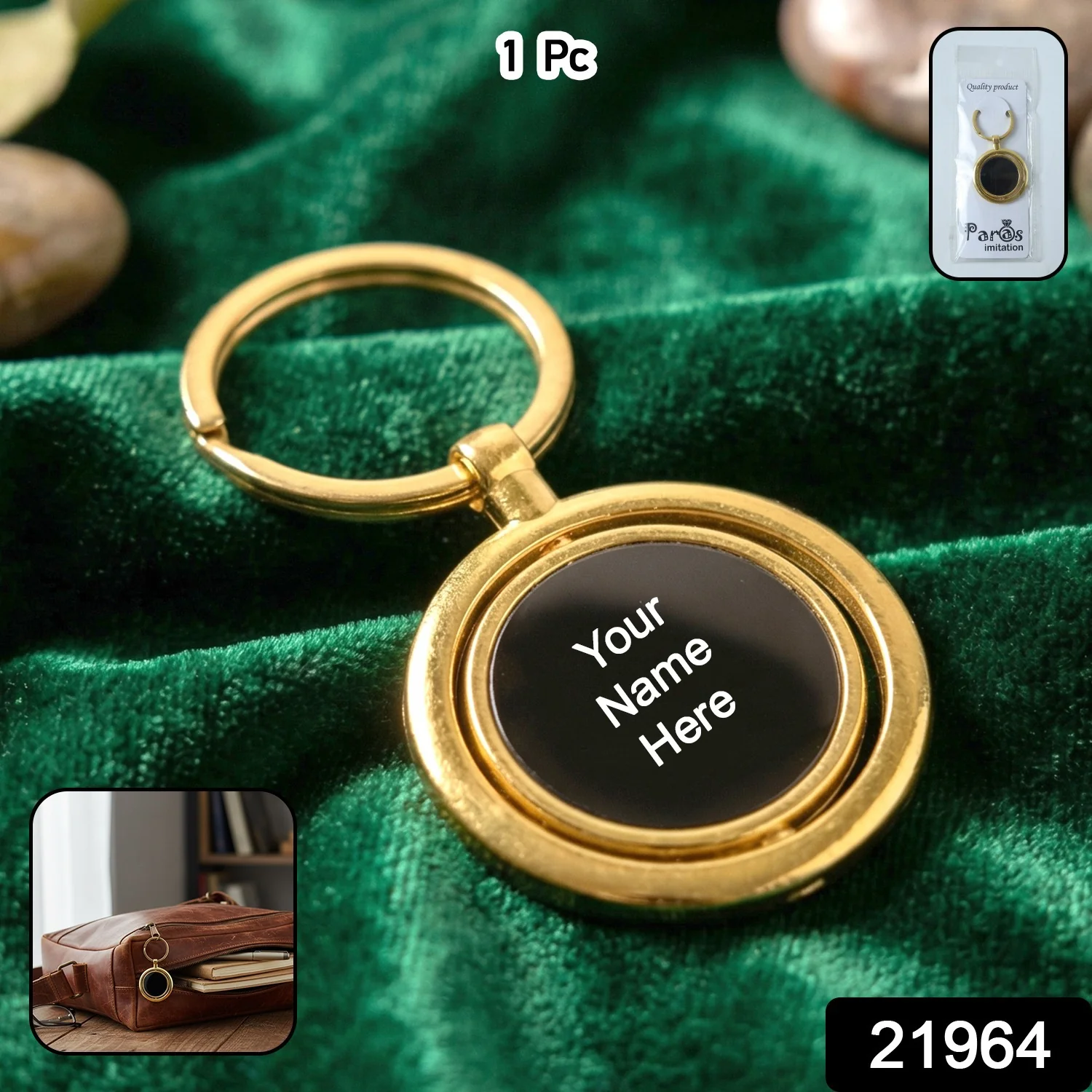 Customized Gold Plated Keychain with Black Round Pendant Rotating (1 Pc) - Image 2