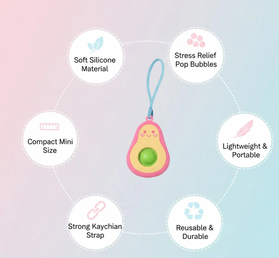 Cute Avocado-Shaped Mini Push Pop Keychain Toy with Strap (1 Pc) - Image 3