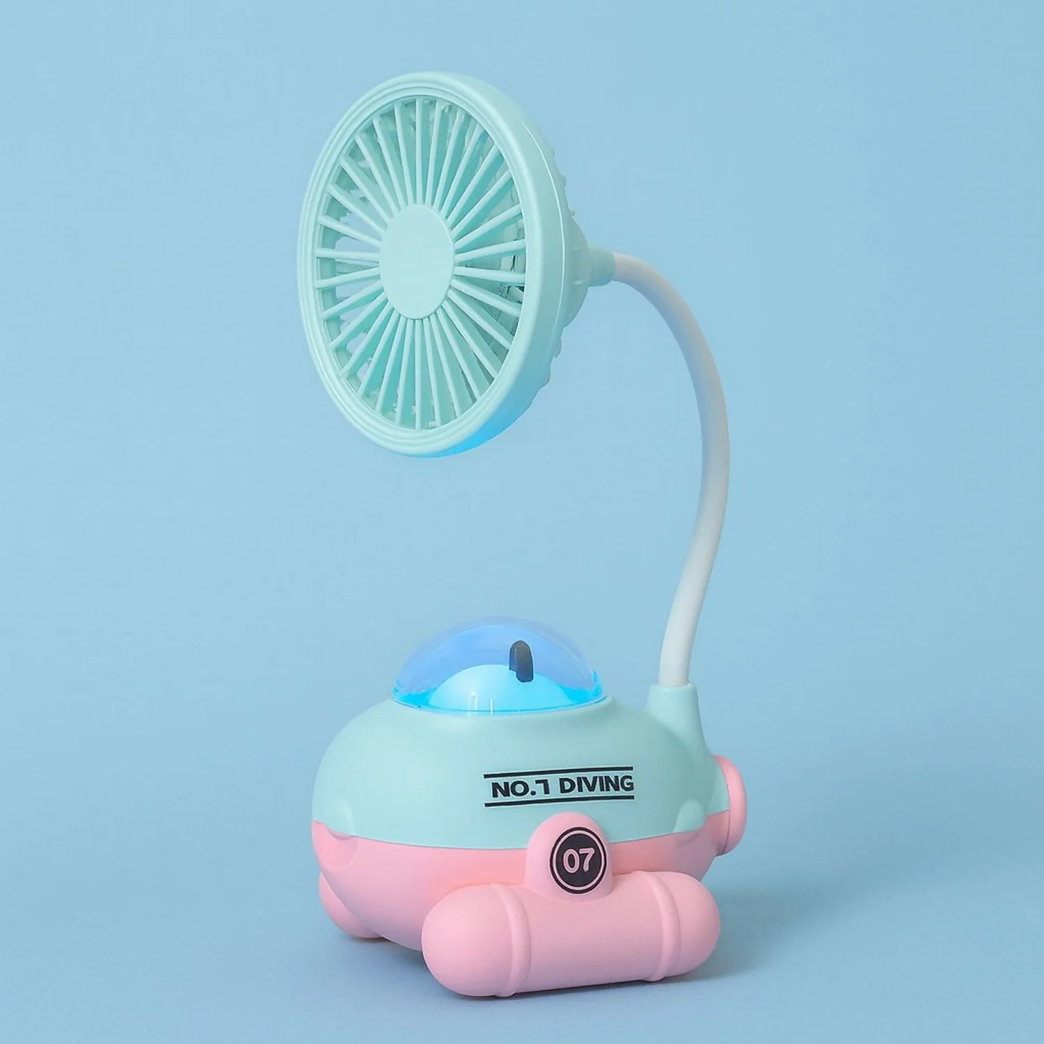 Cute Blue Cartoon Desk Fan with LED Night Light & Pencil Sharpener for Kids - Image 2
