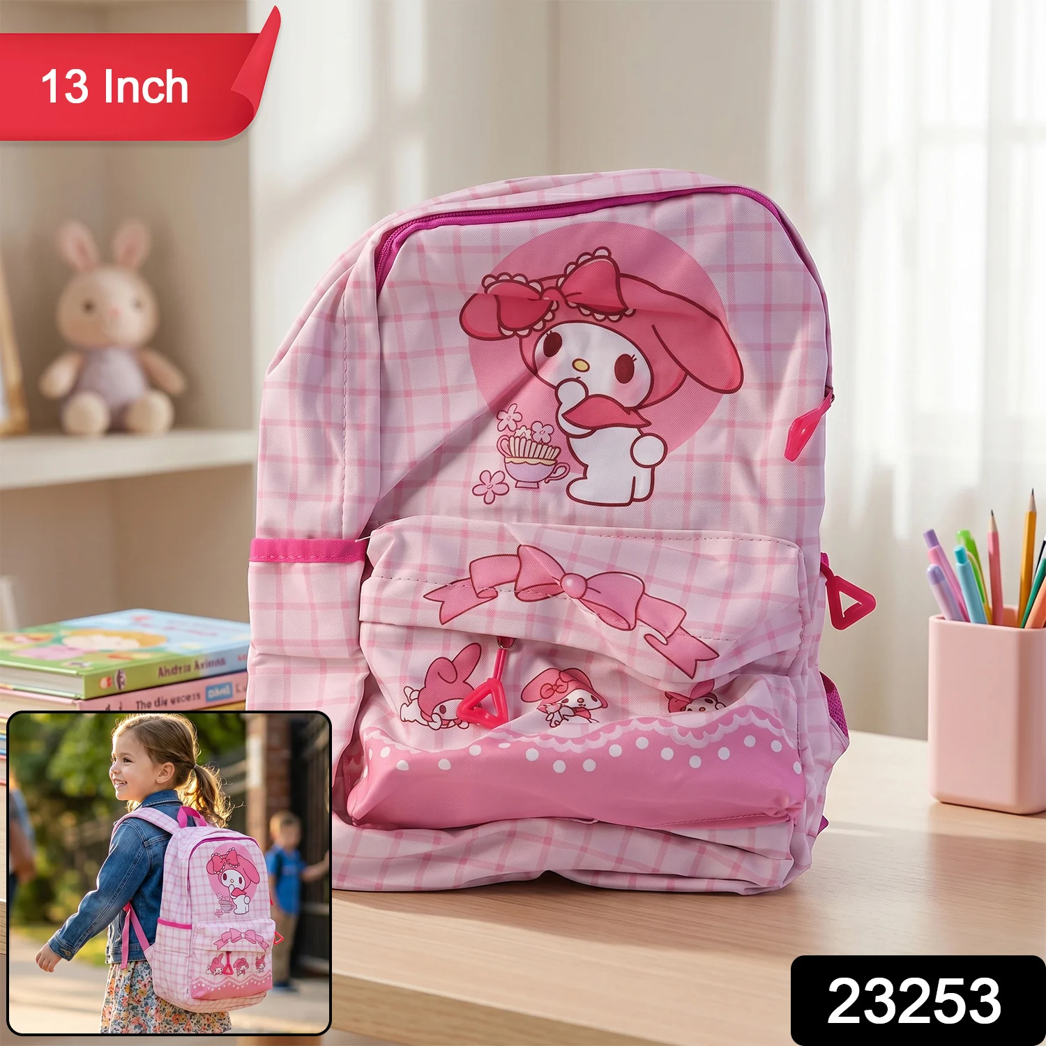 Cute Bow and Bunny Design Backpack – (1 Pc, 13 Inch) - Image 2