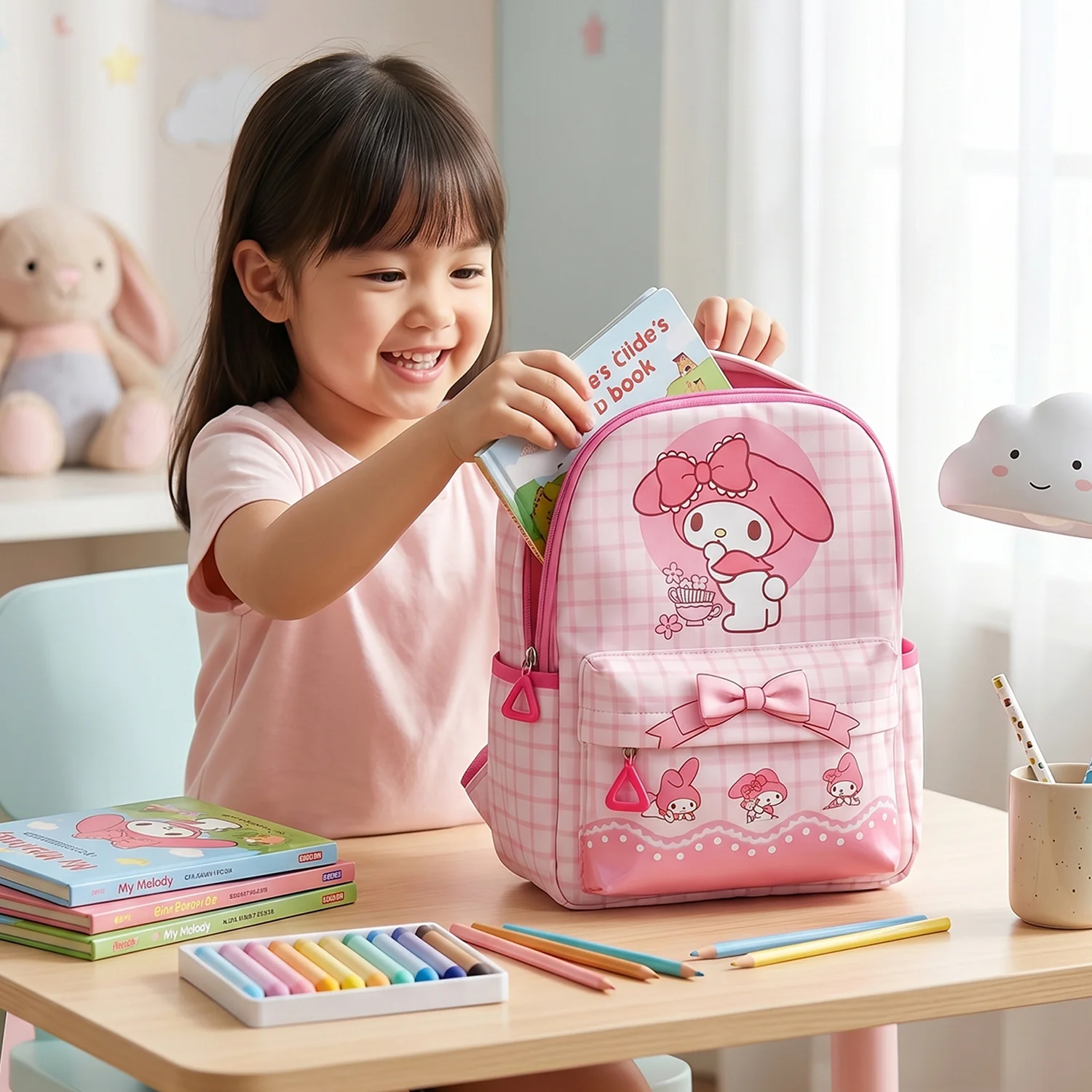 Cute Bow and Bunny Design Backpack – (1 Pc, 13 Inch) - Image 3