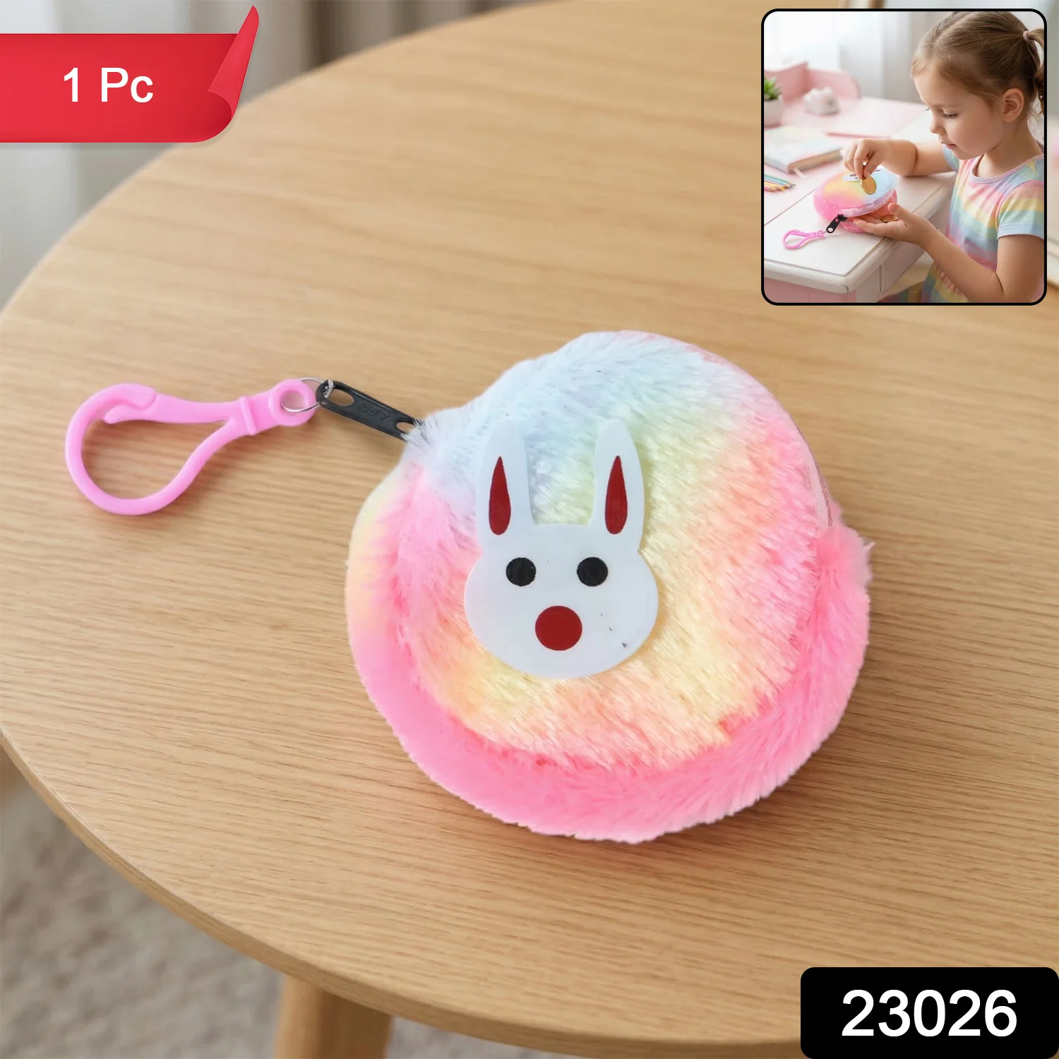 Cute Bunny Design Rainbow Fur Mini Coin Purse Keychain (1 Pc) - Image 2