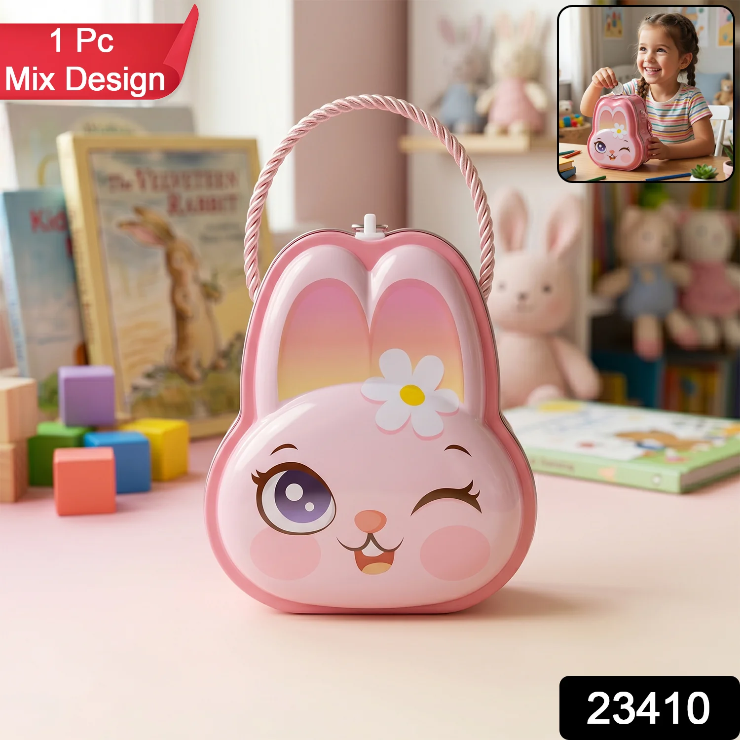 Cute Bunny-Shaped Metal Piggy Bank with Lock & Key – 1 Pc, Mix Design - Image 2