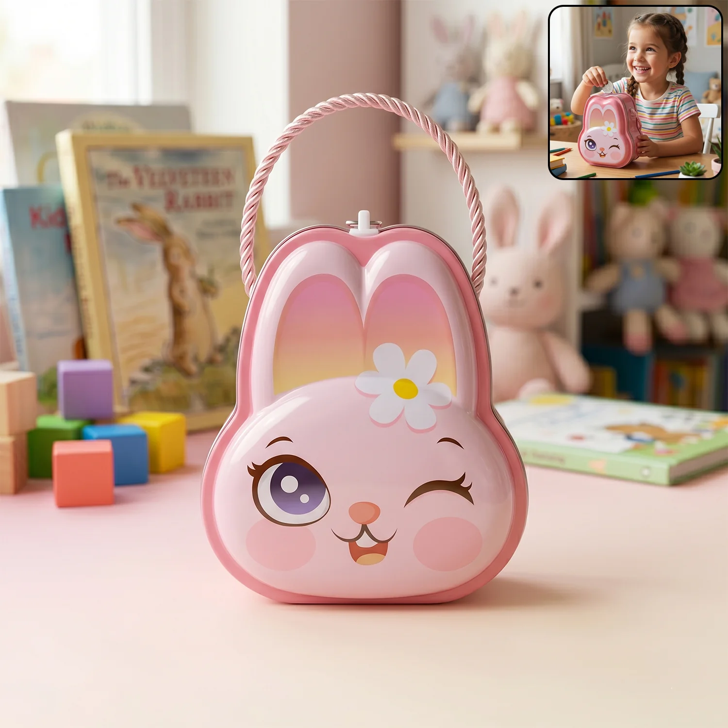 Cute Bunny-Shaped Metal Piggy Bank with Lock & Key – 1 Pc, Mix Design - Image 3