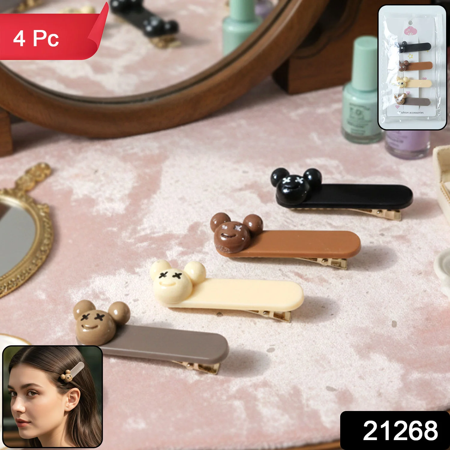 Cute Cartoon Bear Design Premium Fashion Hair Clips (4 Pc) - Image 2
