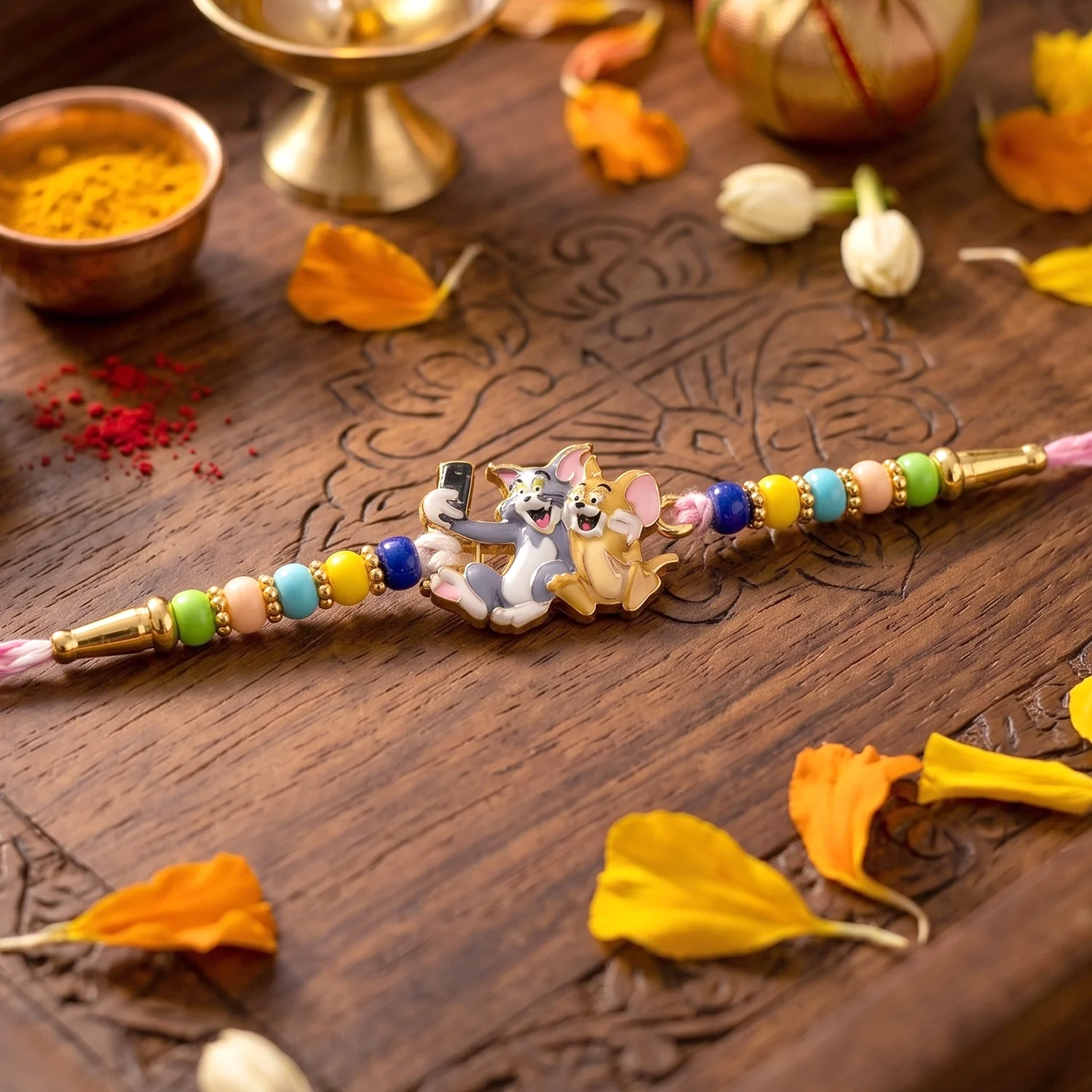 Cute Cartoon Cat and Mouse Pastel Bead Kids Rakhi - Image 2
